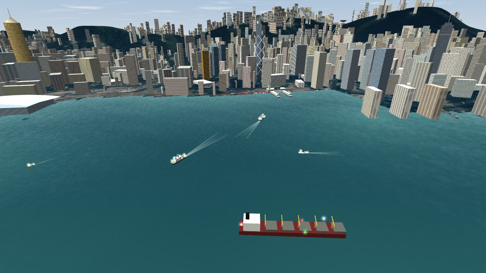 Seen from above the harbour: Star Ferries crossing from Tsim Sha Tsui to Central with wakes behind them, and a container ship in the foreground.