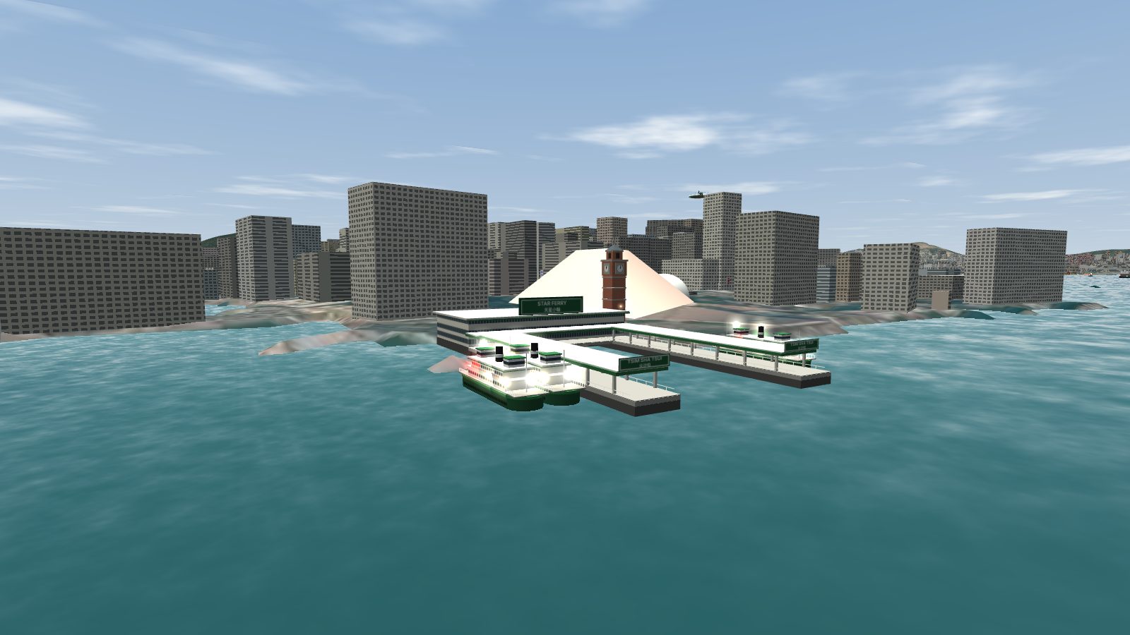 The Tsim Sha Tsui Star Ferry pier from the harbour, with two ferries alongside and the red brick clock tower behind.