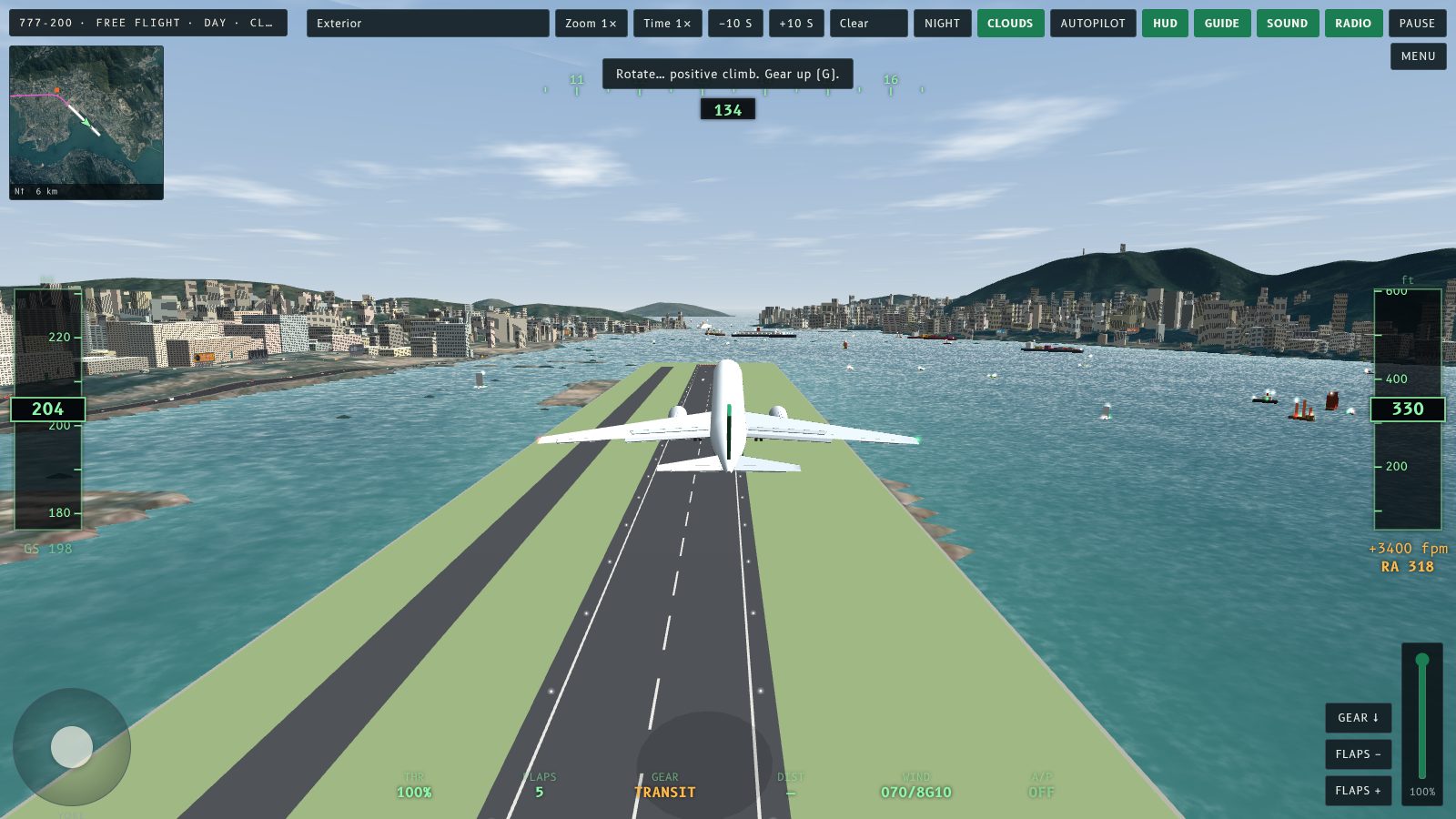 A 777 climbing out over Kowloon Bay with the gear coming up and no warning on the display.