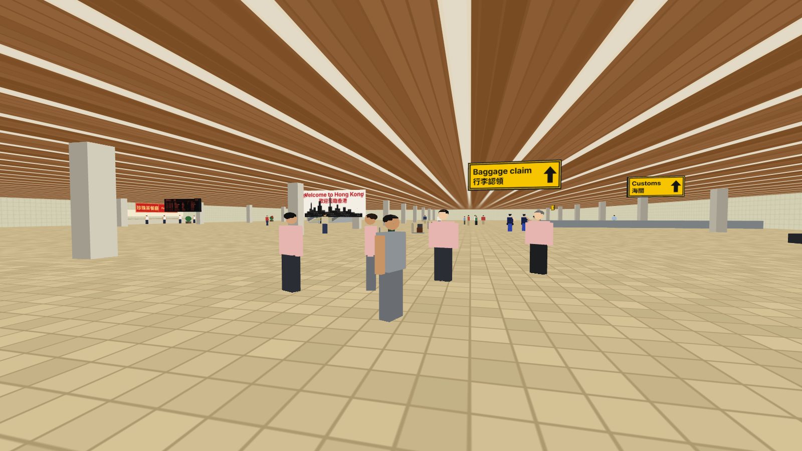 The arrivals hall with a timber-slat ceiling, a Welcome to Hong Kong banner and signs for baggage claim and customs.