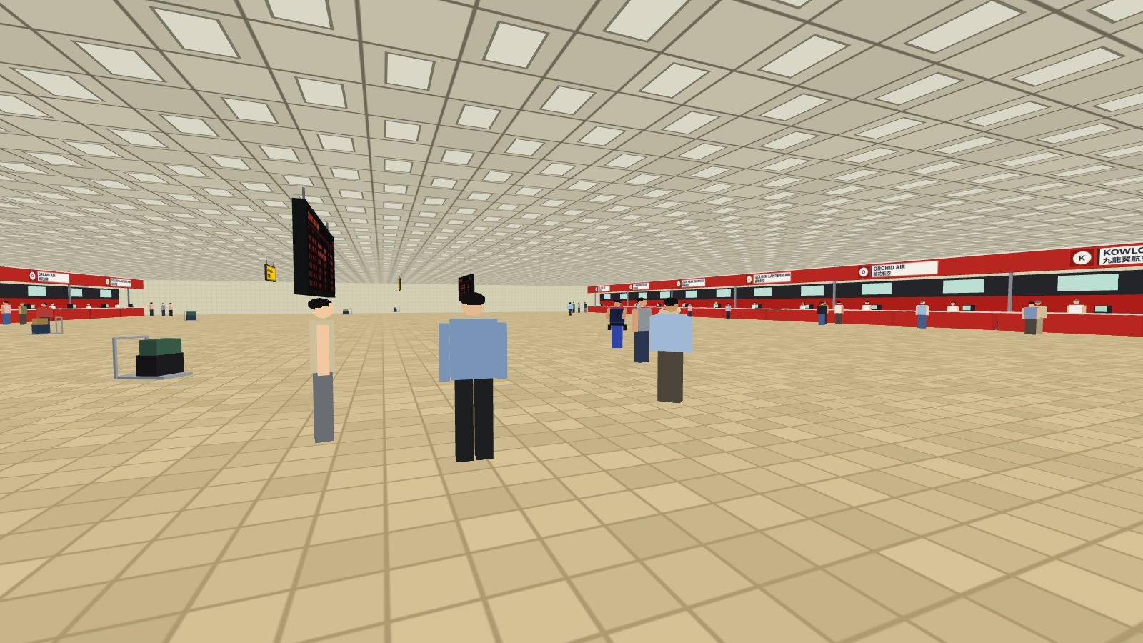 The departures hall with red check-in desks, flight boards and passengers.