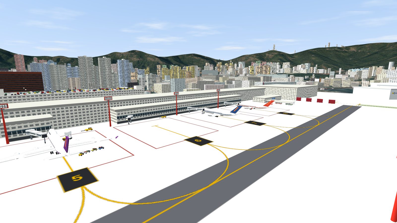 The middle of the terminal: the small gate pod at stand 5, the set-back face of the slab, and the north-east gate block with jet bridges at stands 6 to 8.