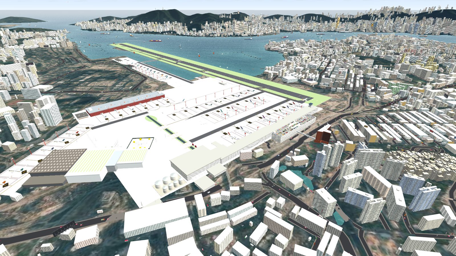 Kai Tak from above the Kowloon City side: the terminal with gate blocks on its apron face, the tank farm at its far end, and a channel crossing the apron.