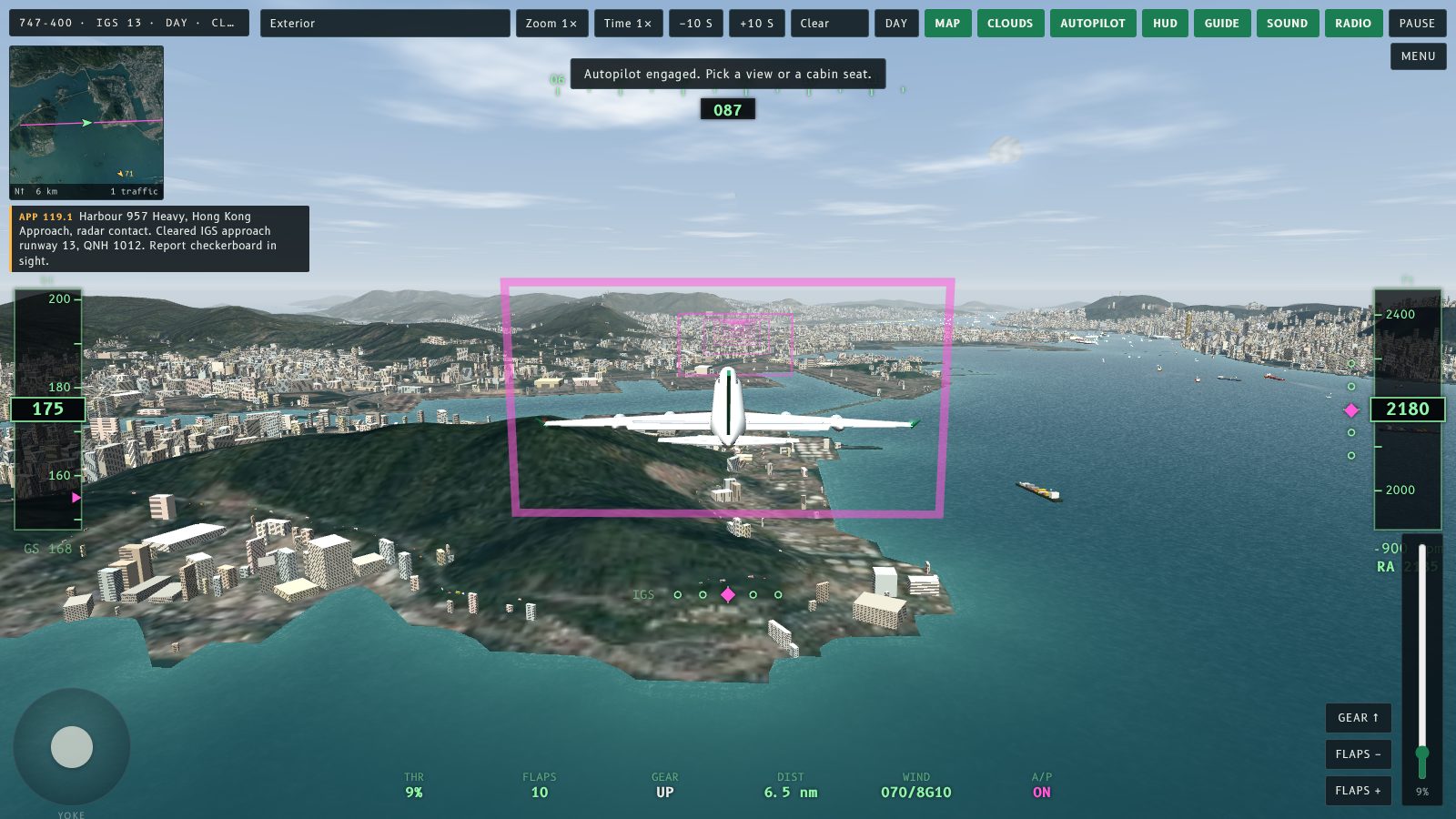 The 747 on approach with the longer thrust bar at the bottom right, set at 9 percent.
