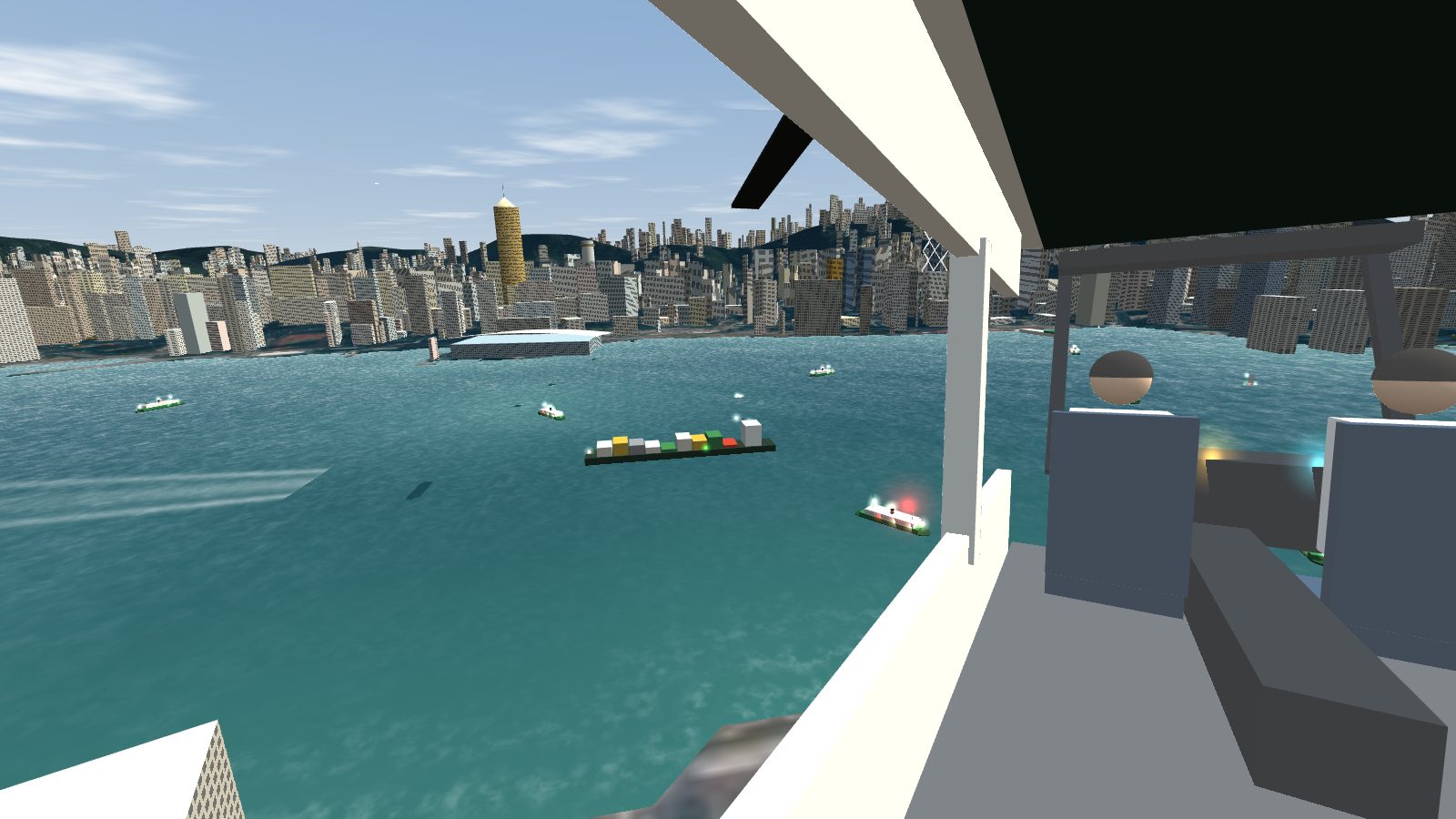 The view from the passenger seat of a helicopter lifting off a rooftop in Tsim Sha Tsui, with two pilots ahead and the harbour through the window.