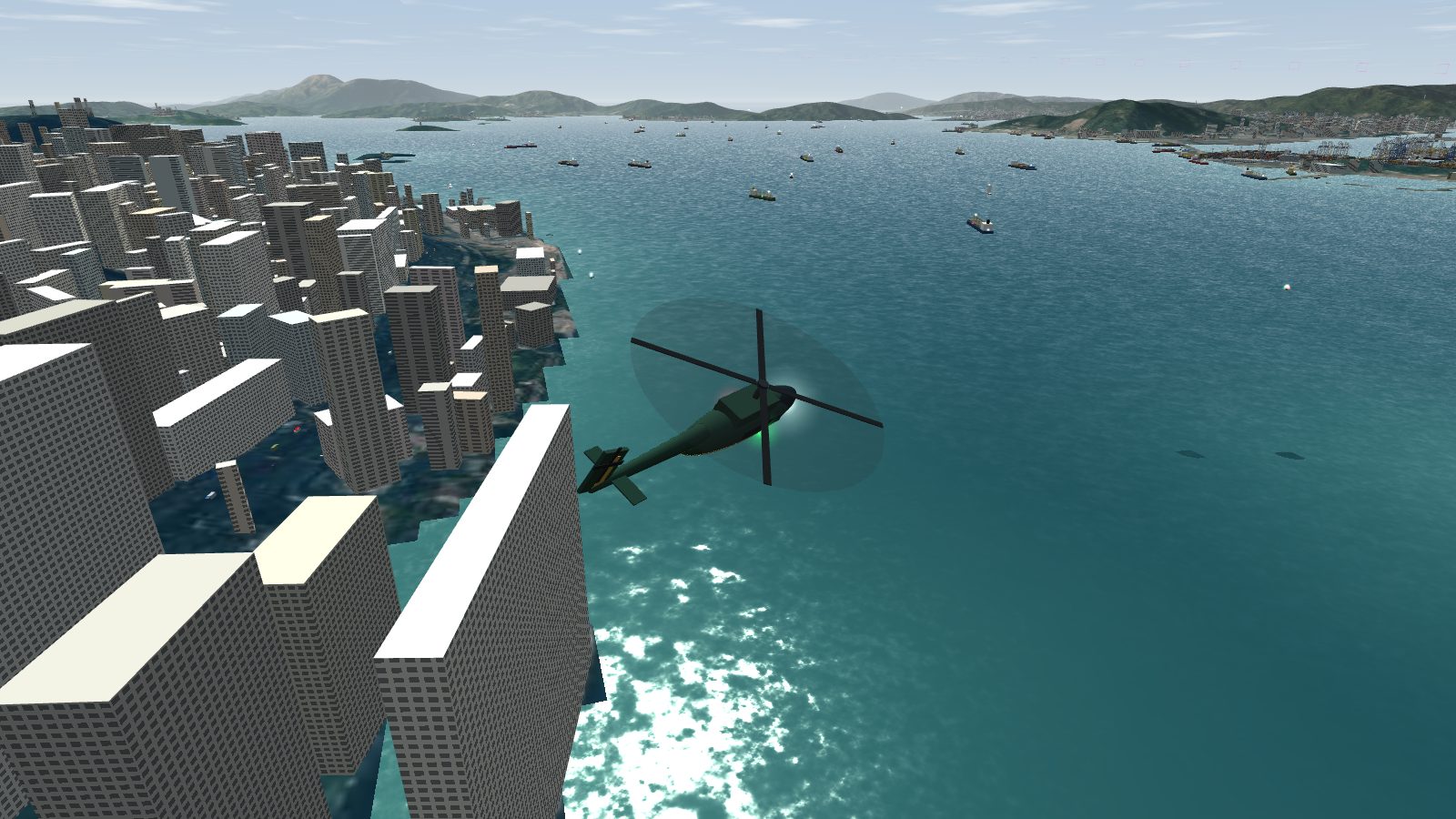 The dark green hotel helicopter seen from outside as it flies over the towers of Central.