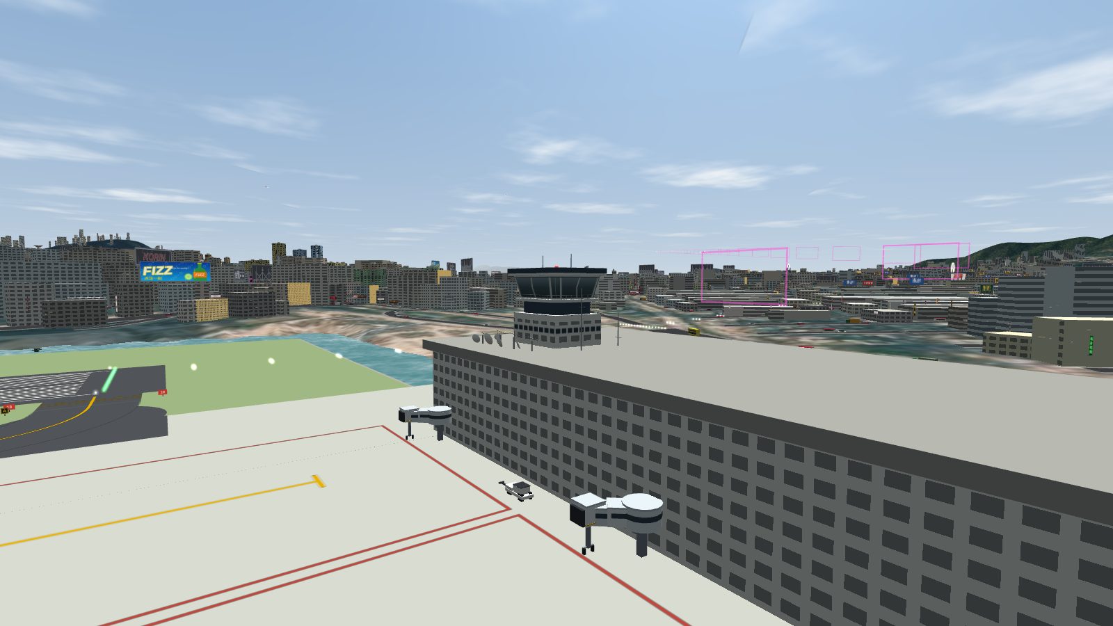 The control tower on the terminal roof, with outward-leaning cab windows.