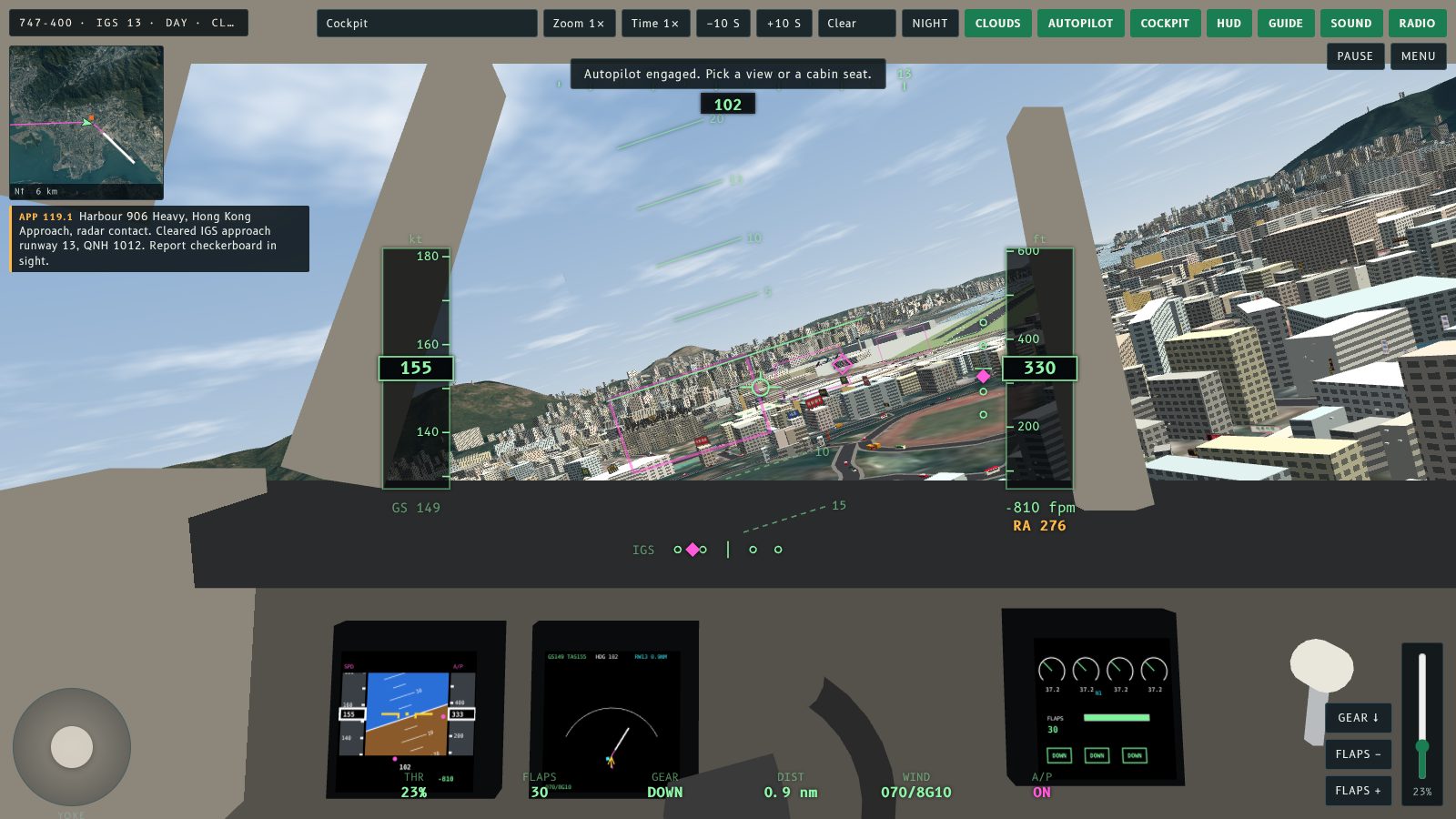 Cockpit view of a 747 banking right over Kowloon City with Kai Tak's Runway 13 and the harbour ahead.