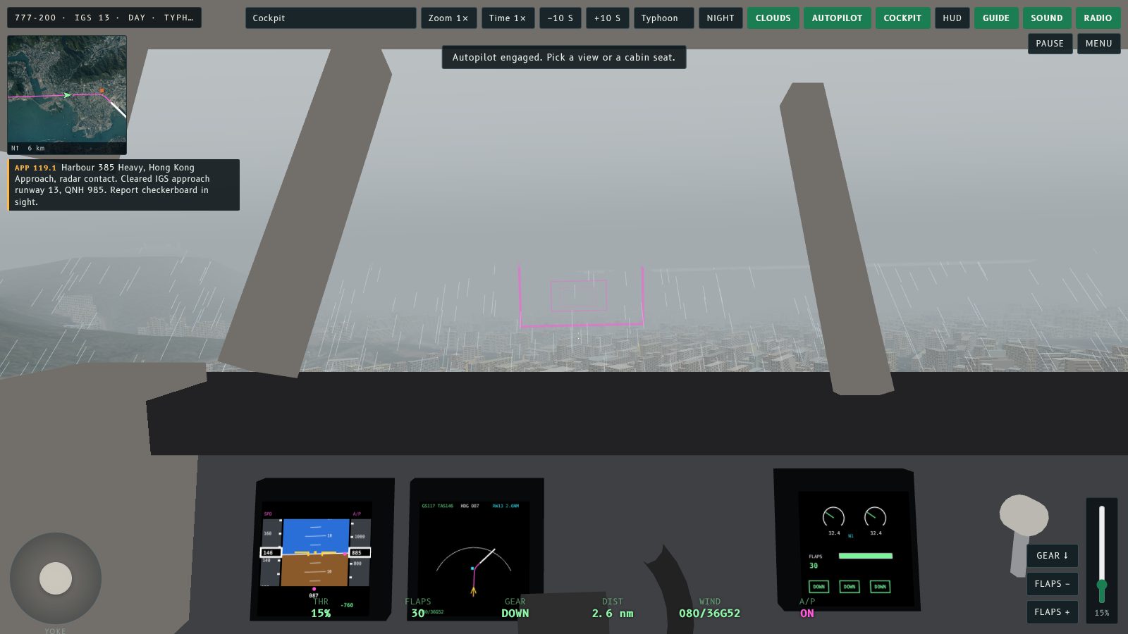 Cockpit view of a 777 on the IGS approach in a typhoon, with heavy rain and the city fading into grey.
